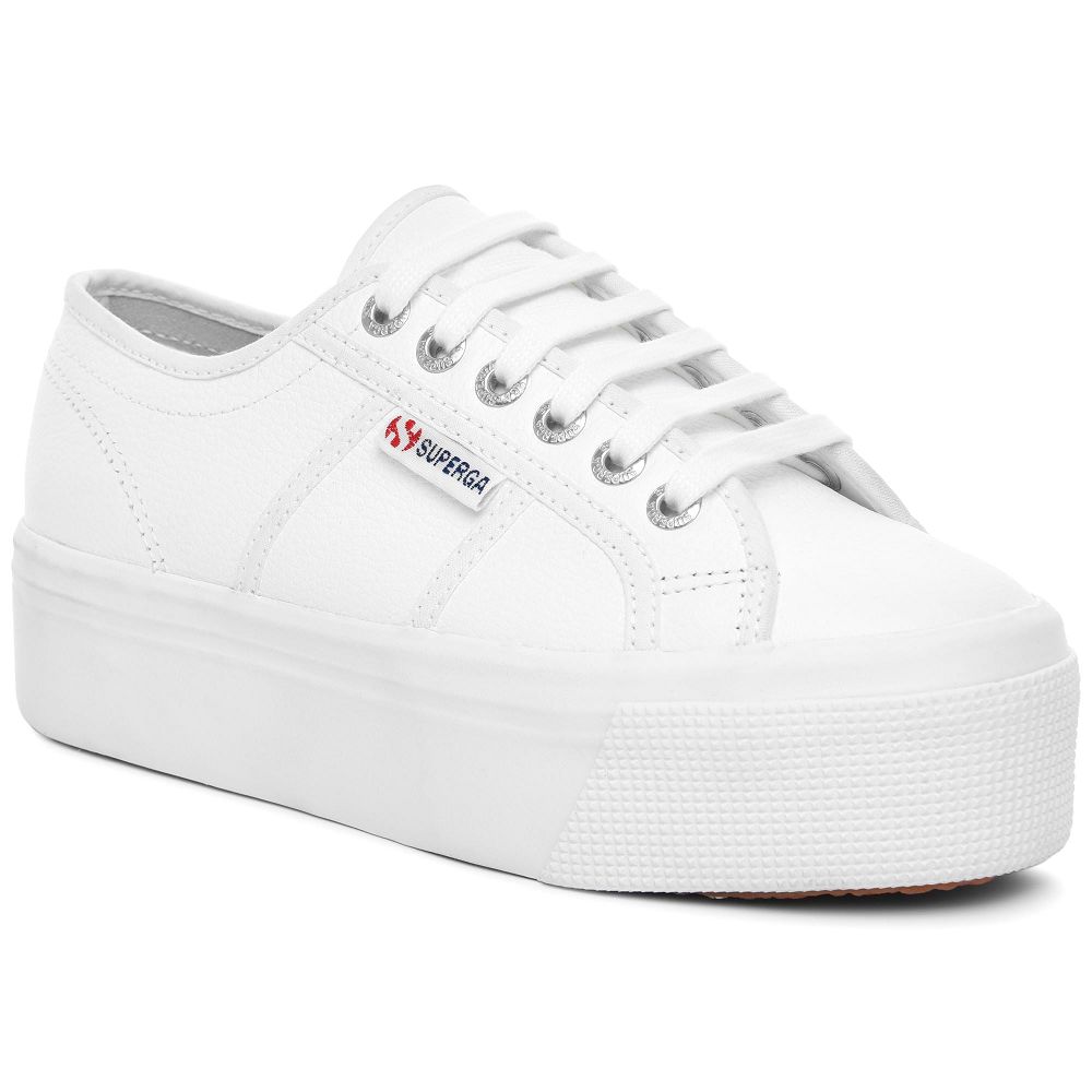 Superga 2790 Tumbled Leather White Platform Sneakers - Women's Sneakers USA | US2621945